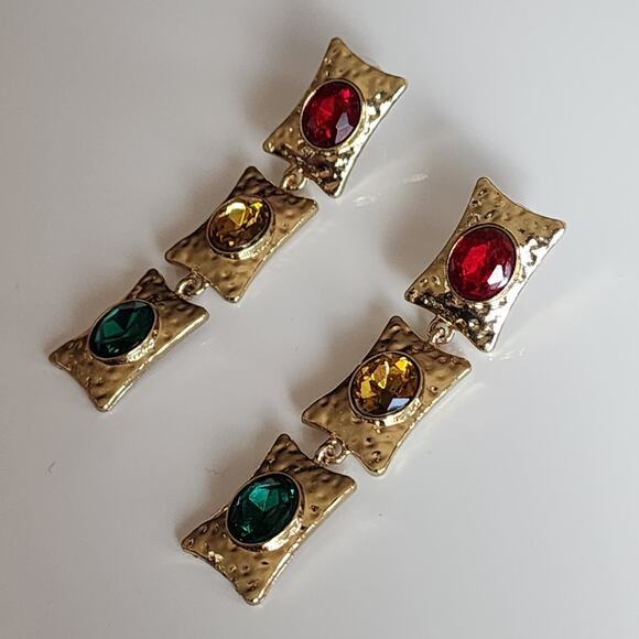 Boho Hammered Golden Rasta Dangle Earrings - Picture 2 of 6